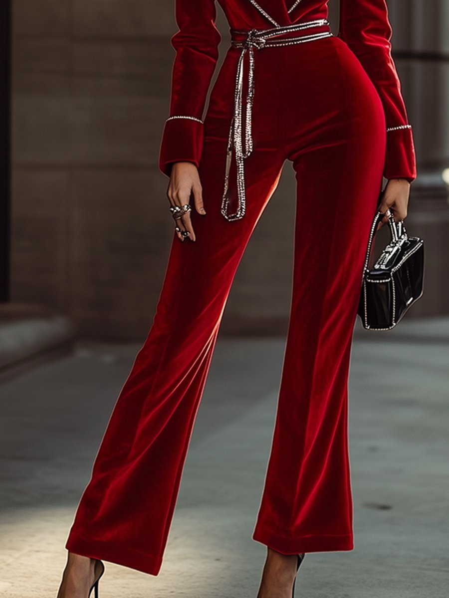 High-End And Fashionable Red Velvet Jumpsuit With Silver Trim