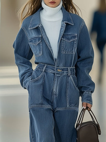 Casual Retro Multi-Pocket Denim Long Sleeve Straight Jumpsuit