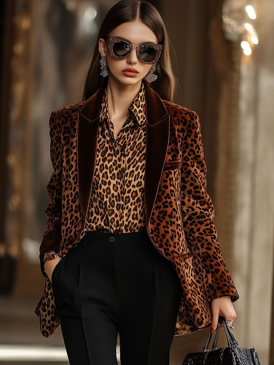 【24-hour shipping】Casual Loose Retro Velvet Leopard Print Lapel Blazer