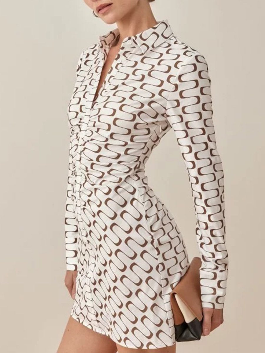 Elegant Classic Cotton Printed Lapel Long Sleeve Mini Dress