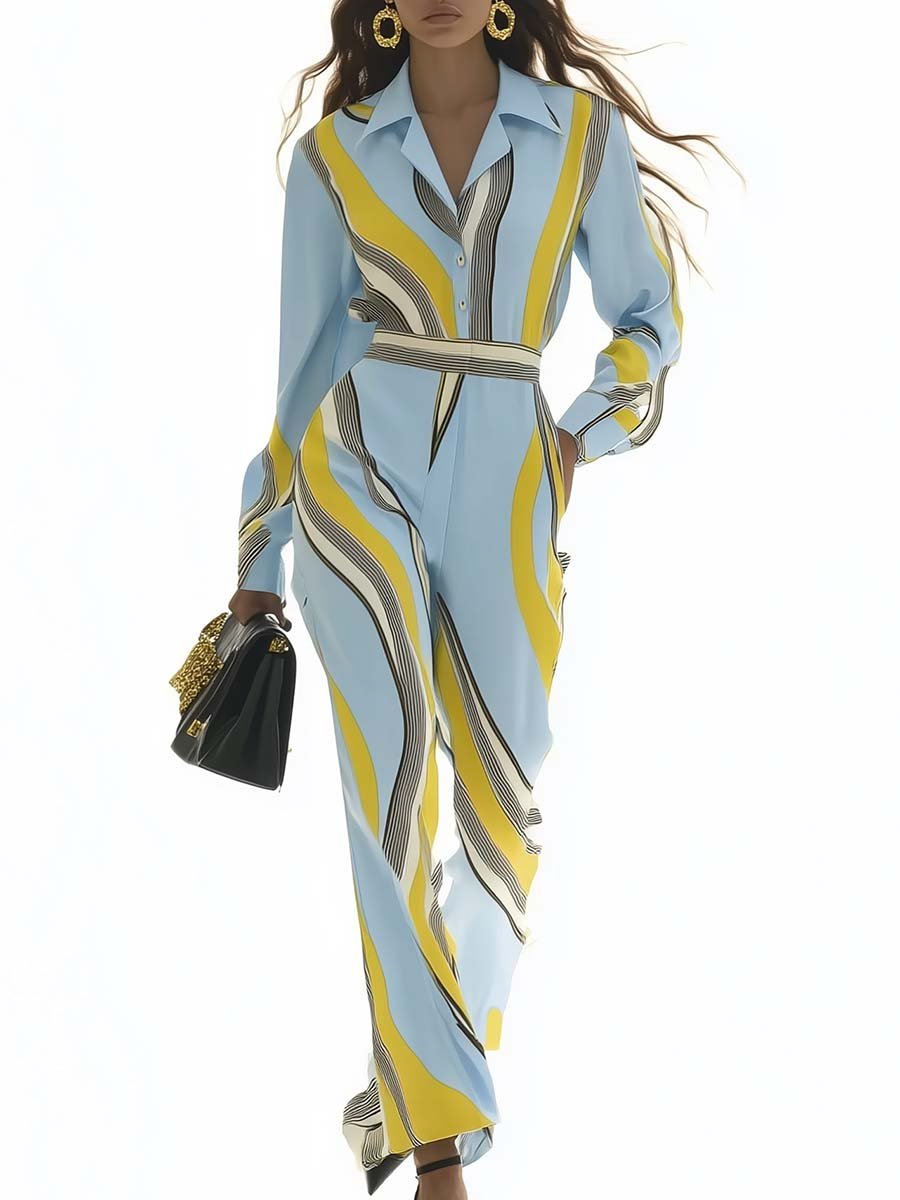 Personalized Commuter Lapel Sky Blue Striped Print Jumpsuit