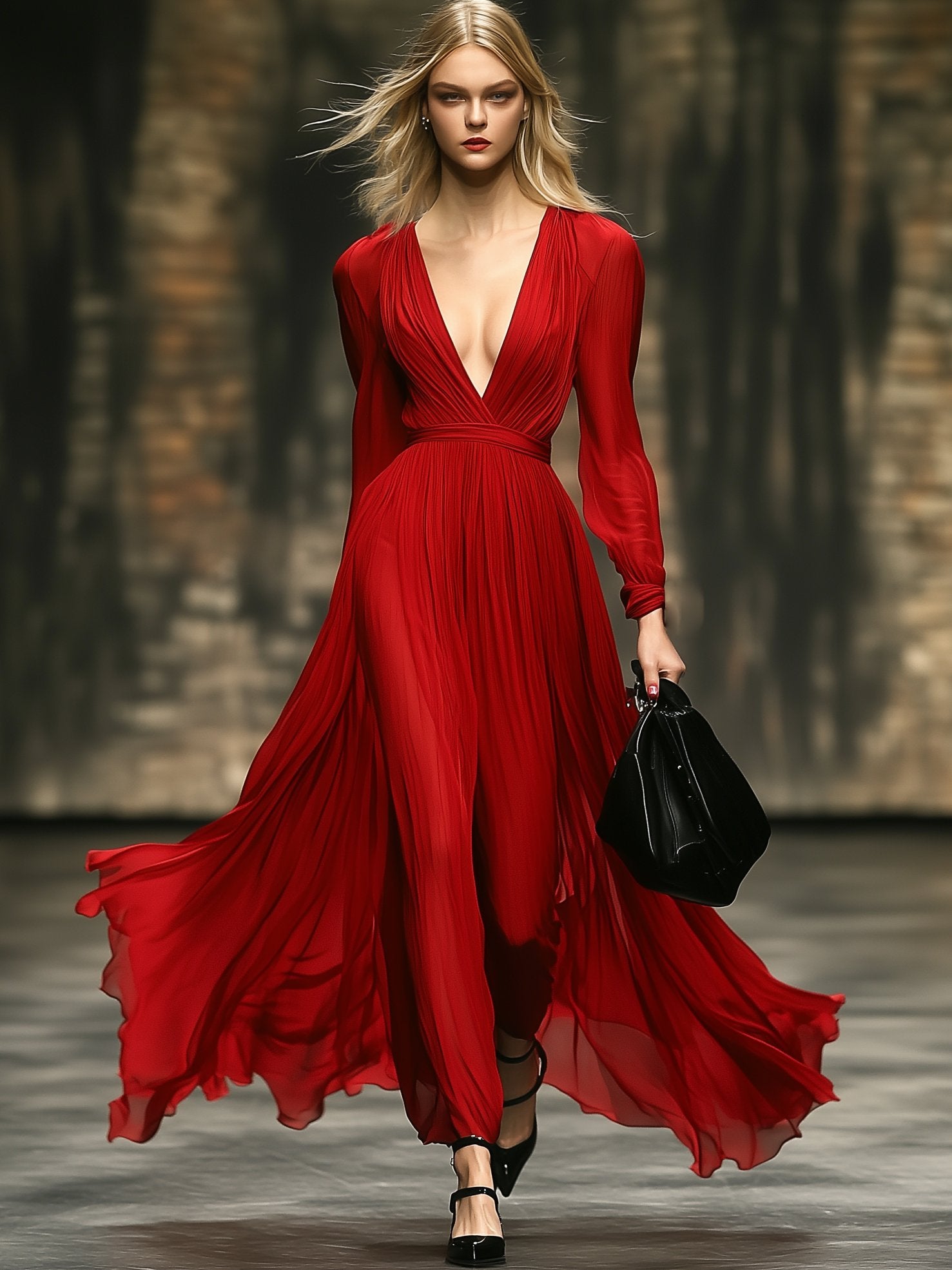 Classic Chiffon V-Neck Red Long Sleeve Maxi Dress