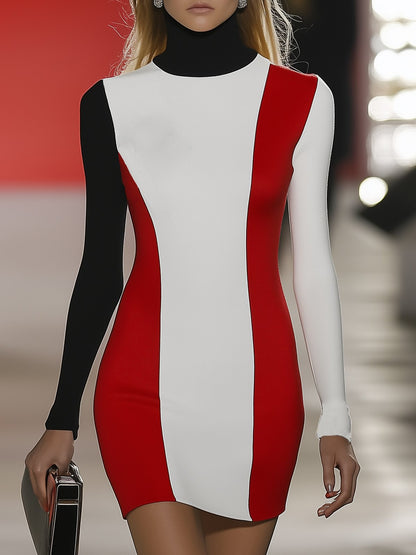 Elegant Sporty Color Block Long Sleeve Mini Dress