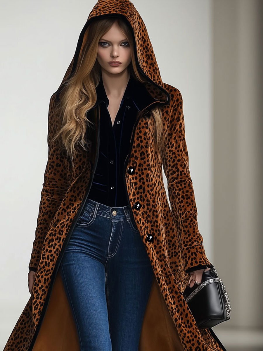 Casual Loose Vintage Velvet Leopard Print Black Trim Hooded Long Coat