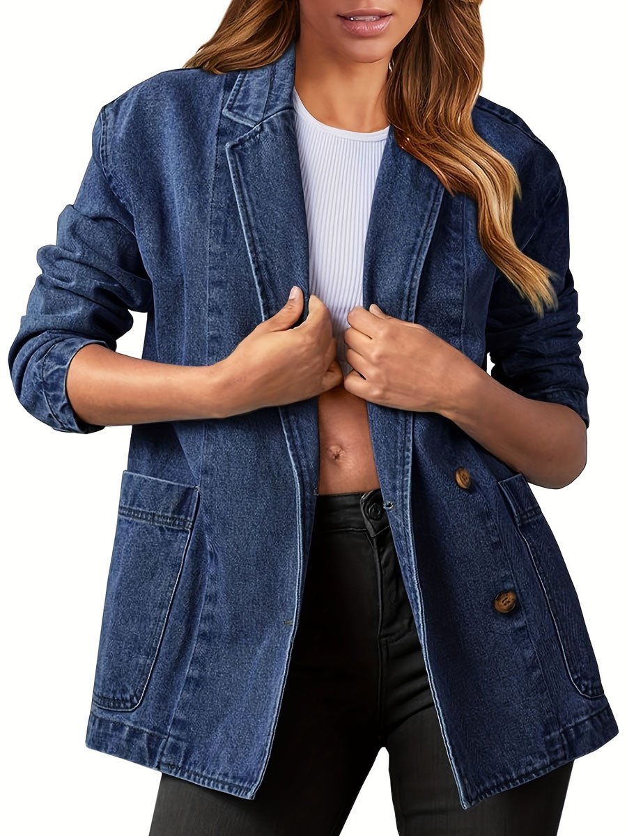 Casual Simple Vintage Pocket Double Breasted Denim Blazer