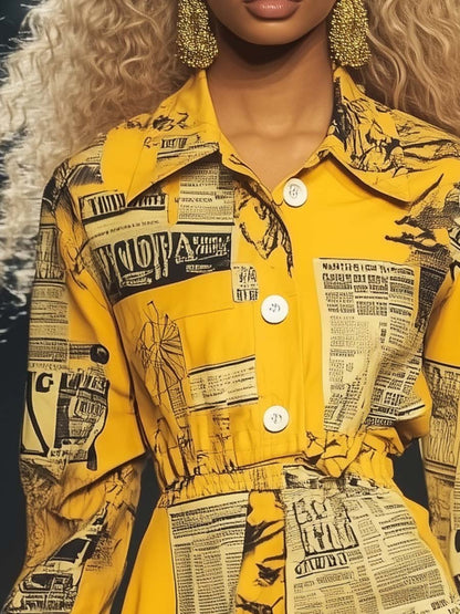 Fashionable Elastic Waist Newspaper Print Yellow Shirt Style Mini Dress