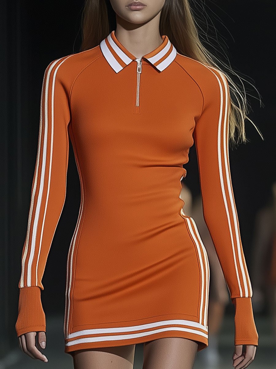 Casual Retro White Striped Orange Knitted Polo Neck Long Sleeve Mini Dress