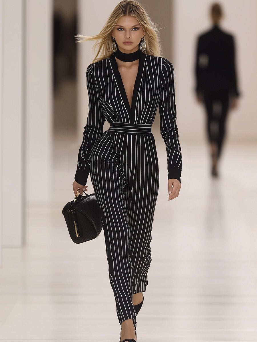 Elegant Classic Hollow Striped Long Sleeve Jumpsuit