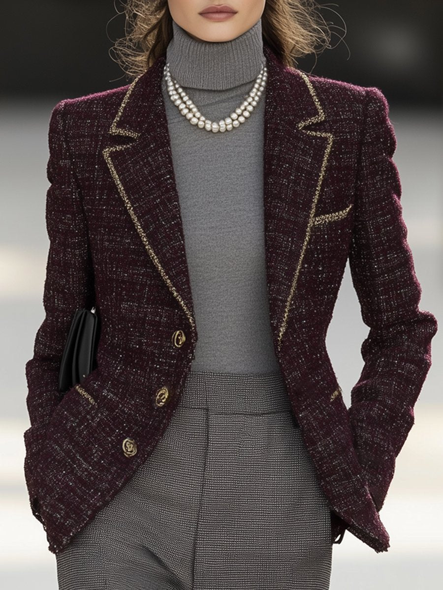 High-End Vintage Chanel Style Stand-Up Collar Single-Breasted Tweed Suit Jacket