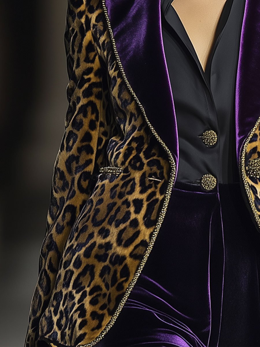 【24-hour shipping】Casual Vintage Velvet Leopard Print Contrast Lapel Blazer