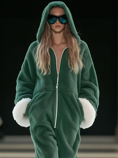 【24-hour shipping】Casual Loose Green and White Polar Fleece Splicing Zipper Hooded Jumpsuit