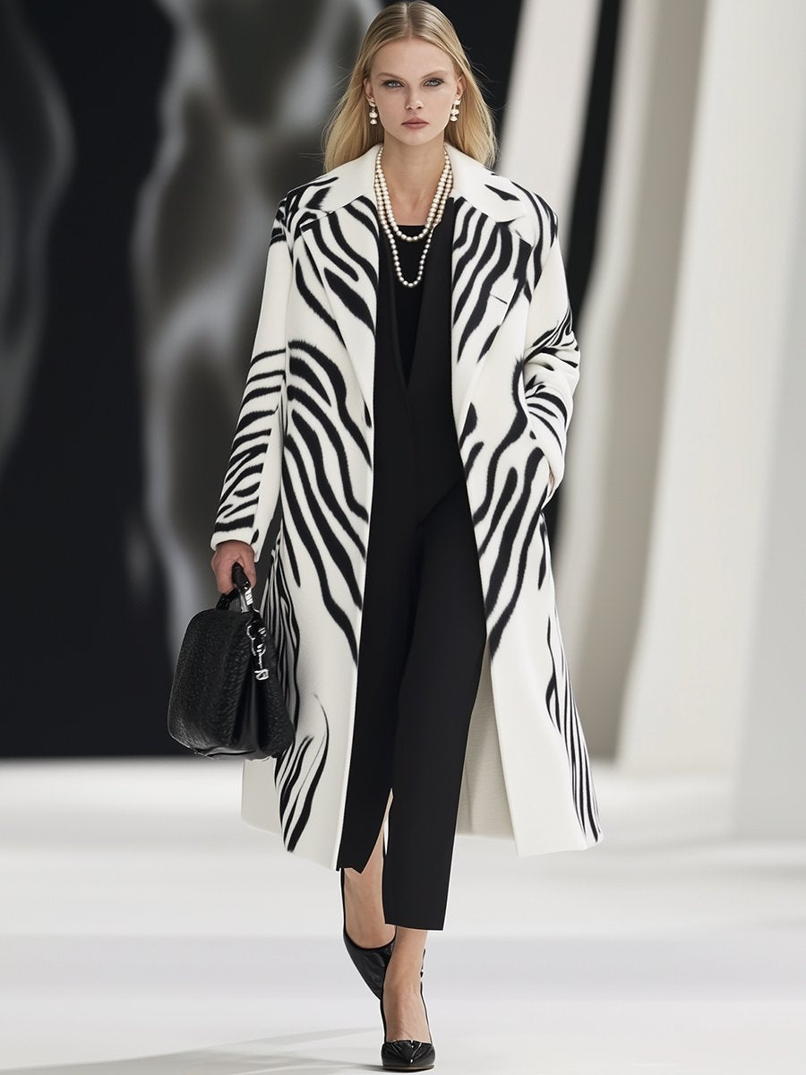 Fashion Retro Elegant White Zebra Pattern Woolen Coat