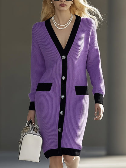 High-End And Elegant Chanel Style Purple Knitted Midi Cardigan