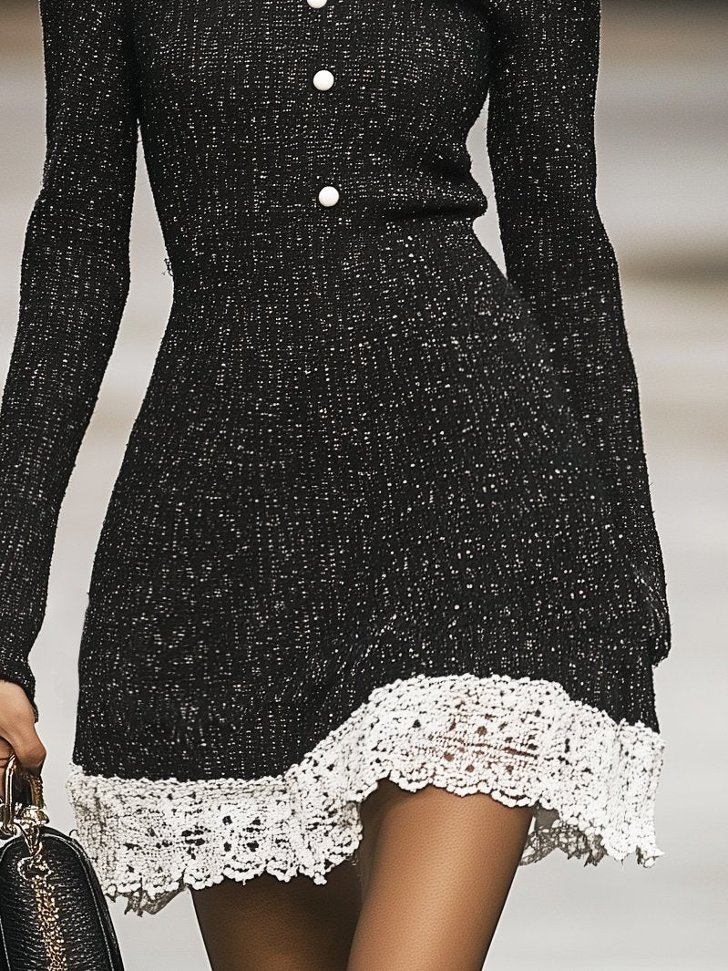 Elegant Tweed Lace Trim Black Long Sleeve Mini Dress