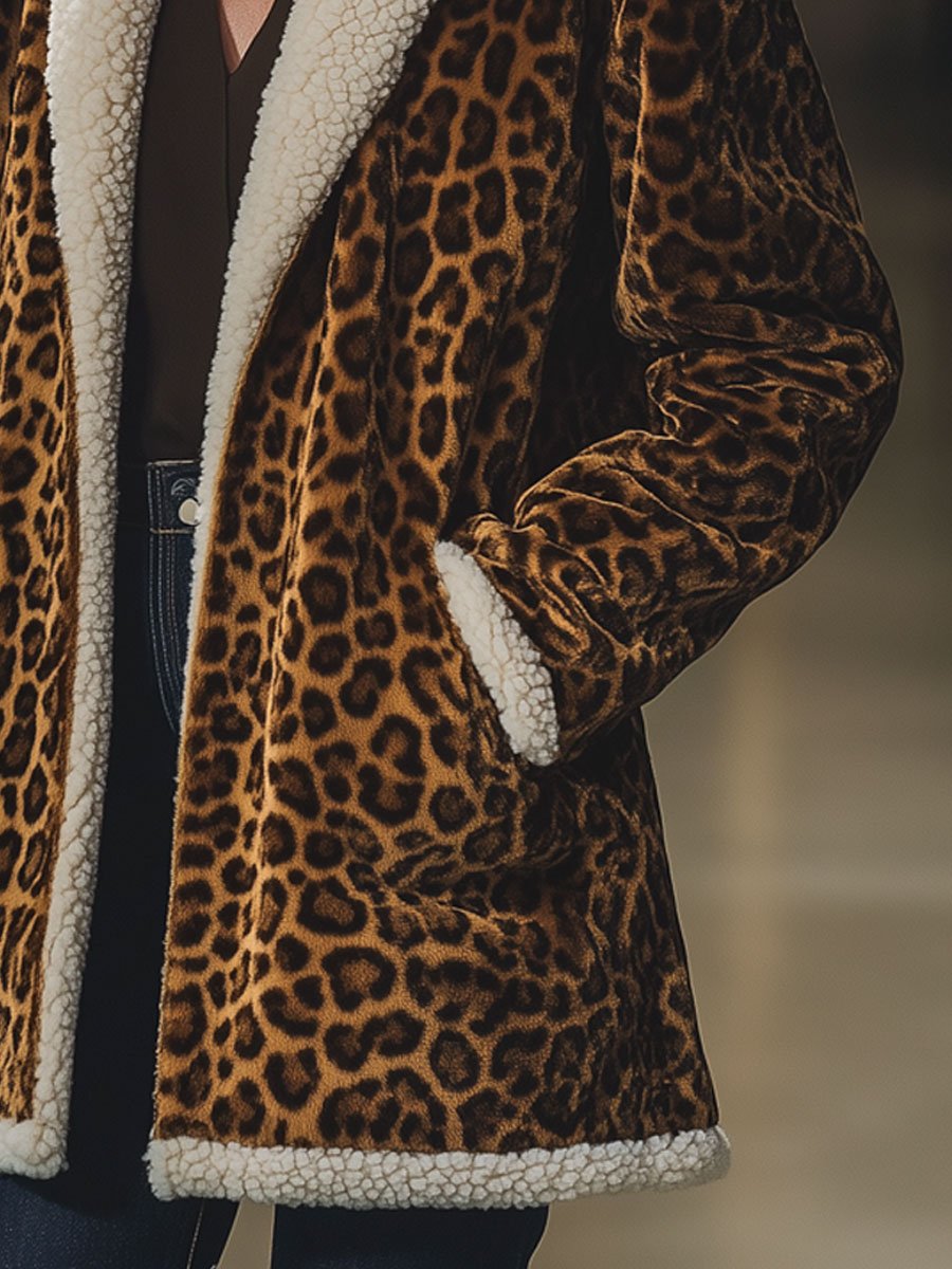 Casual Loose Retro Velvet Leopard Print Lambskin Patchwork Coat