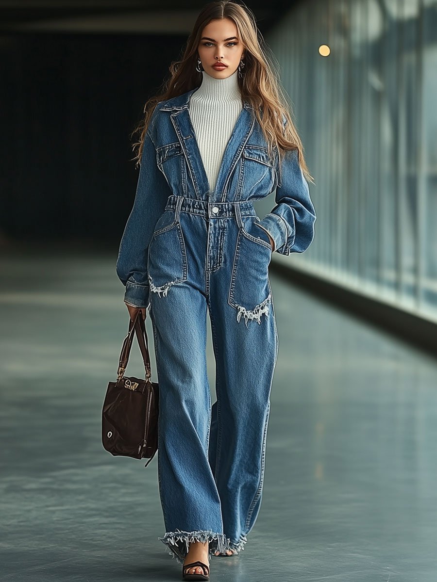 Casual Retro Raw Edge Pocket Denim Long Sleeve Straight Jumpsuit