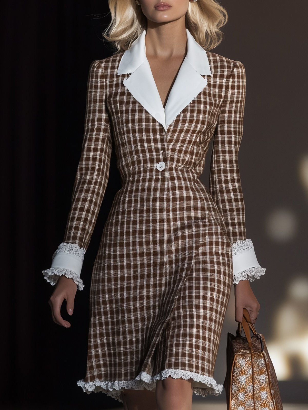 Retro Elegant Lapel Plaid Long Sleeve Midi Dress