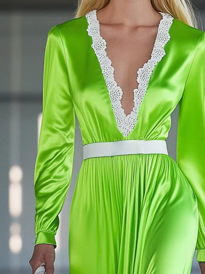 Temperament V-Neck Fluorescent Green Satin Long-Sleeved Maxi Dress