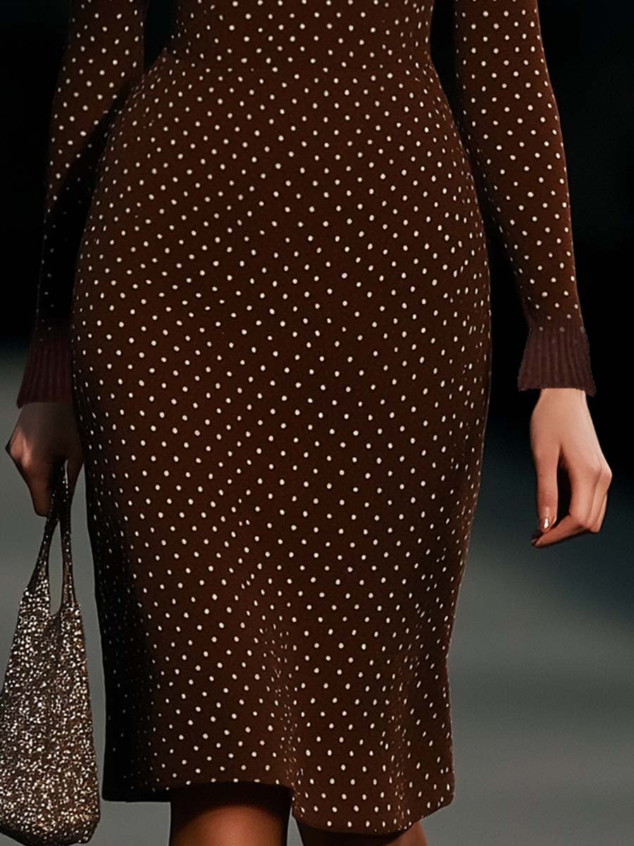 Elegant Round Neck Chest Hollow White Polka Dot Brown Midi Dress