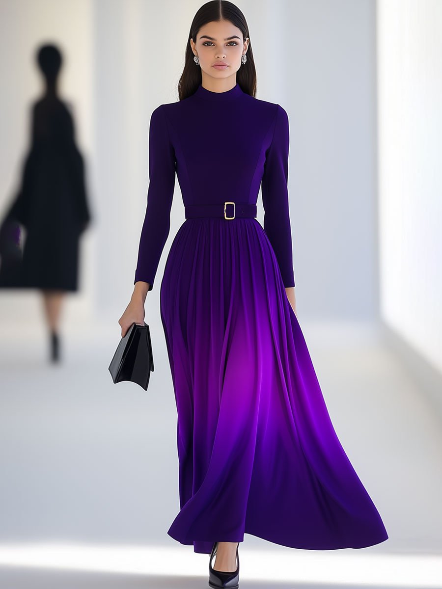 Fashion Retro Purple Gradient Lace-up Party Long Sleeve Maxi Dress