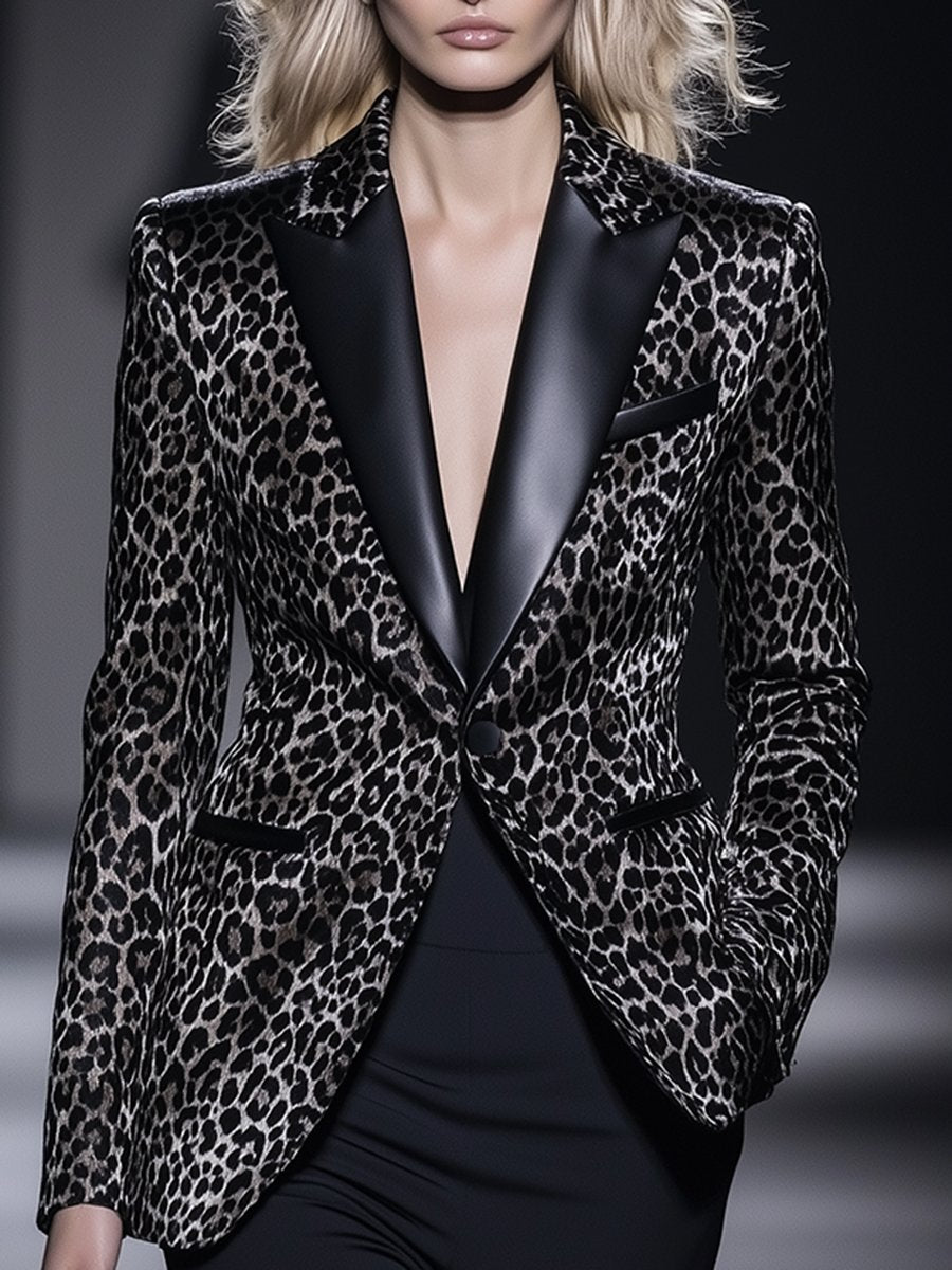 High-End Fashionable Color-Blocked Lapel 3d Leopard Print Leather Suit