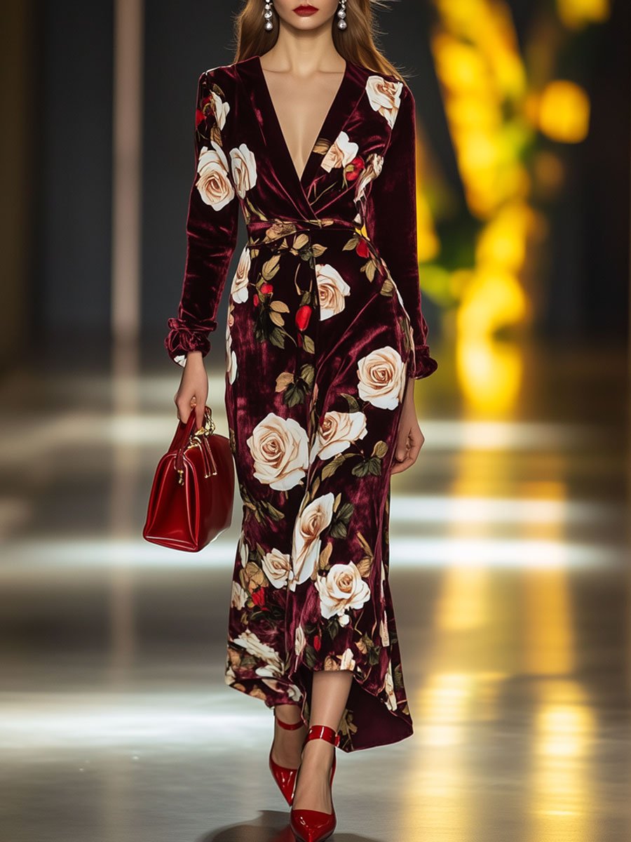 Fashion Retro Burgundy Velvet Rose Print V-Neck Long Sleeve Midi Dress