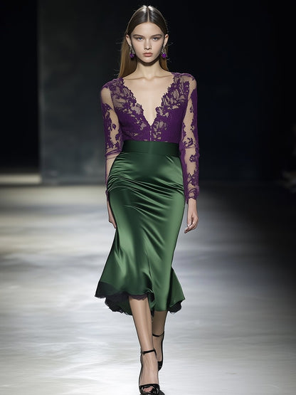 Romantic and Charming Purple Lace and Green Satin Long-sleeved Midi Dress