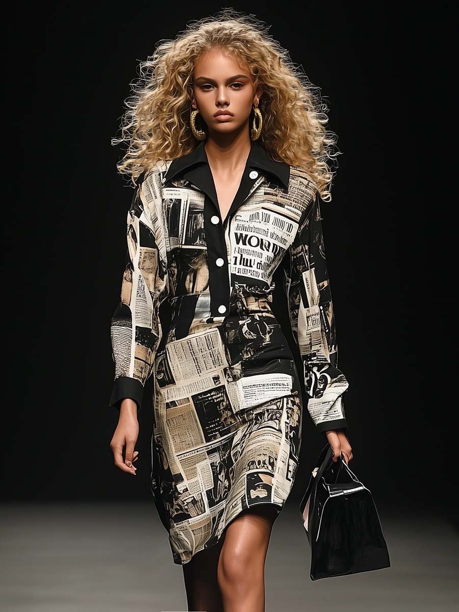 Personalized Fashion Newspaper Print Black Slim Shirt Style Midi Dress