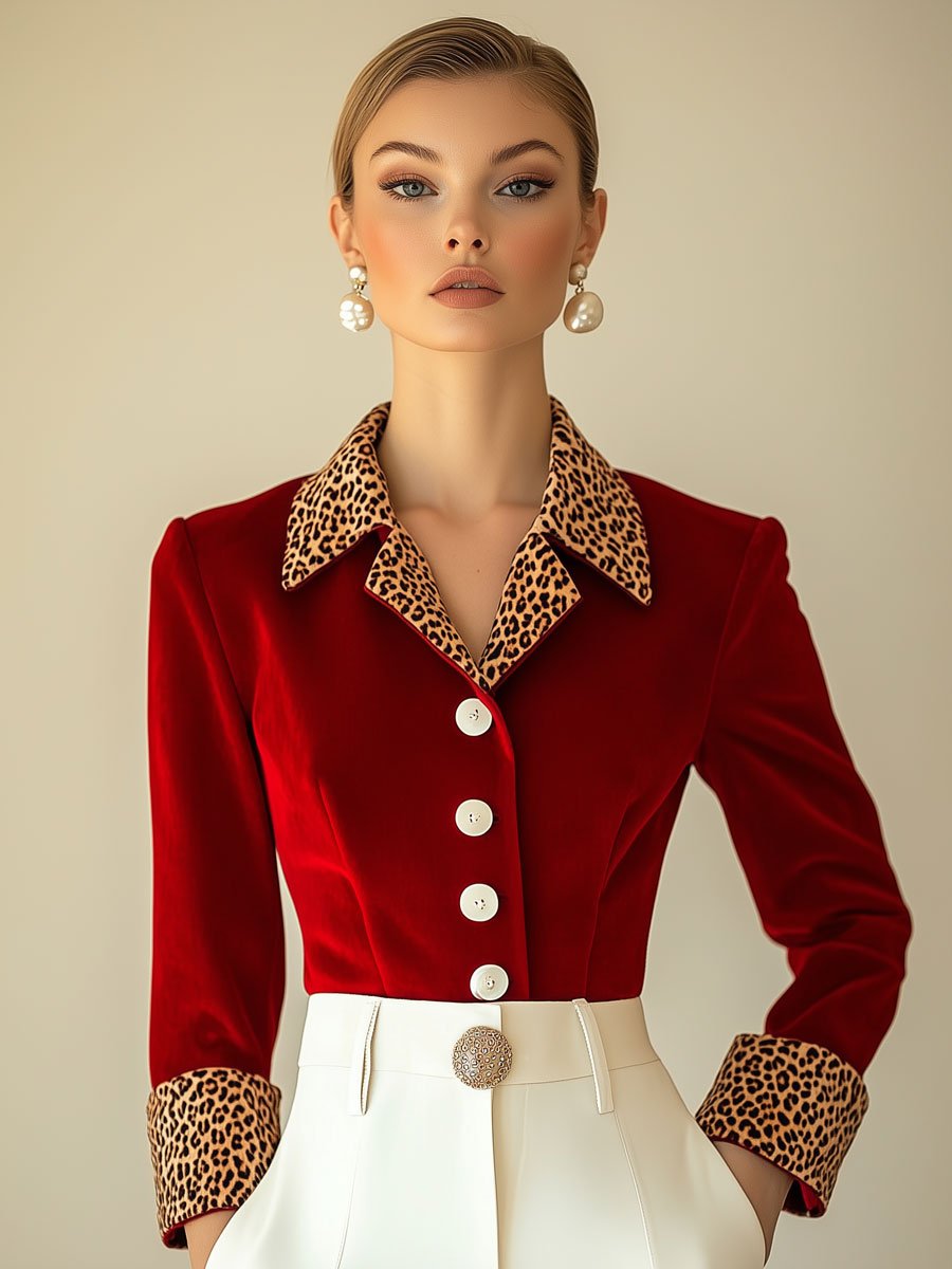 Casual Loose Retro Red Velvet Stitching Leopard Print Long-Sleeved Blouse