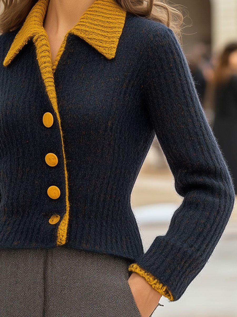 Fashion Retro Navy Blue And Yellow Fake Two-Piece Single-Breasted Wool Cardigan