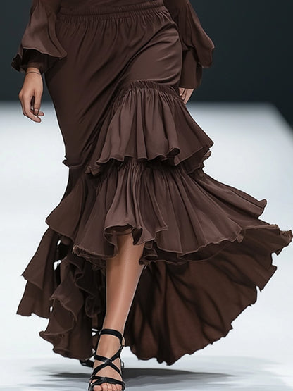 Retro Elegant Fashion Ruffle Hem Brown Midi Dress