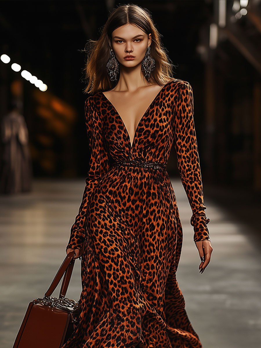 V-Neck Vintage Leopard Velvet Party Long-Sleeved Maxi Dress