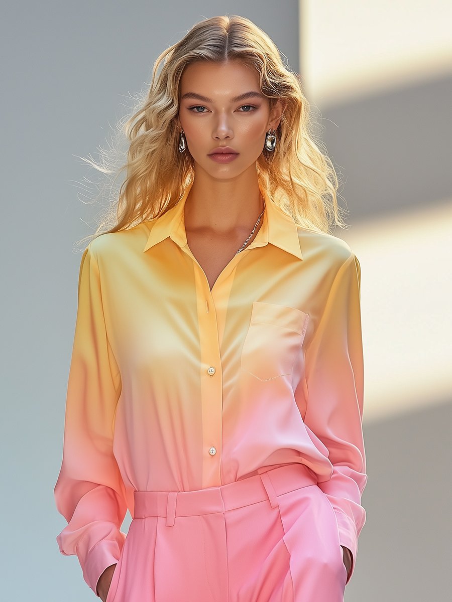 High-End Fashionable Pink And Yellow Gradient Shirt