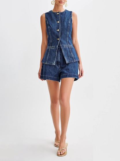 Casual Fashion Sleeveless Vest Shorts Denim Suit