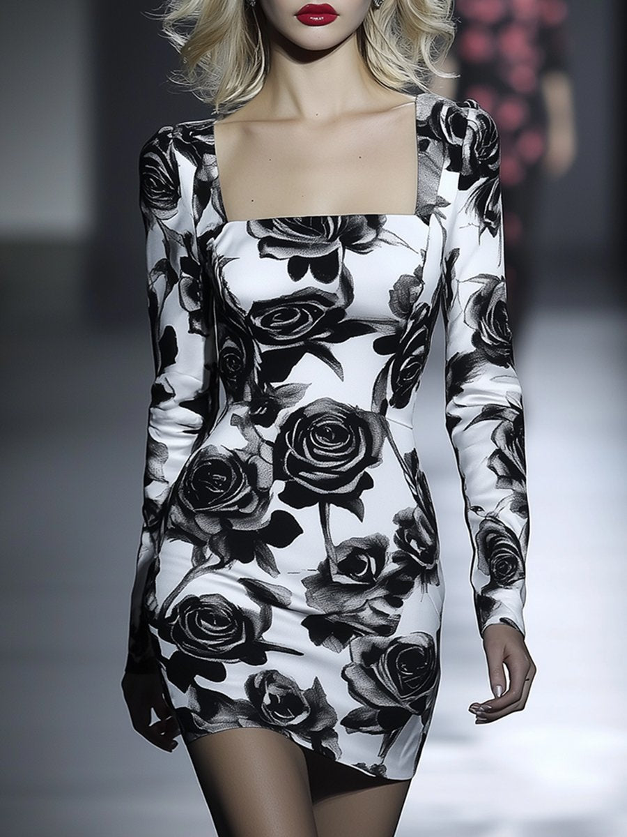 Exquisite And Fashionable Romantic Black And White Rose Print Mini Dress