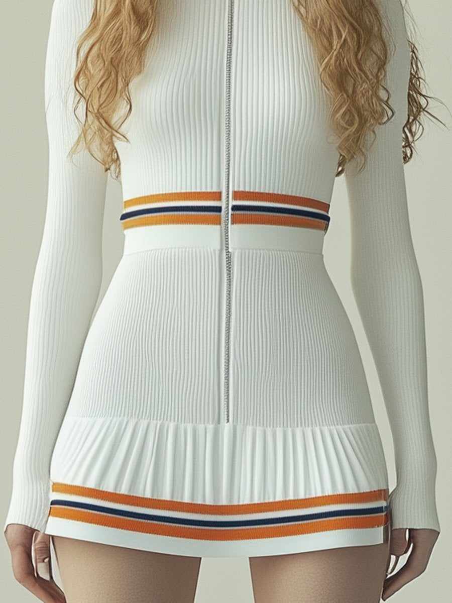 Casual Sporty Orange Striped White High Collar Ribbed Long-sleeved Mini Dress