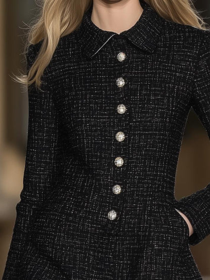 Elegant High-End Lapel Tweed Black Long-Sleeved Mini Dress