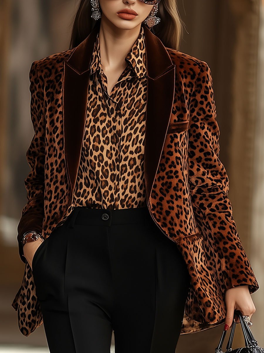 【24 hour shipping out】Casual Loose Retro Velvet Leopard Print Lapel Blazer