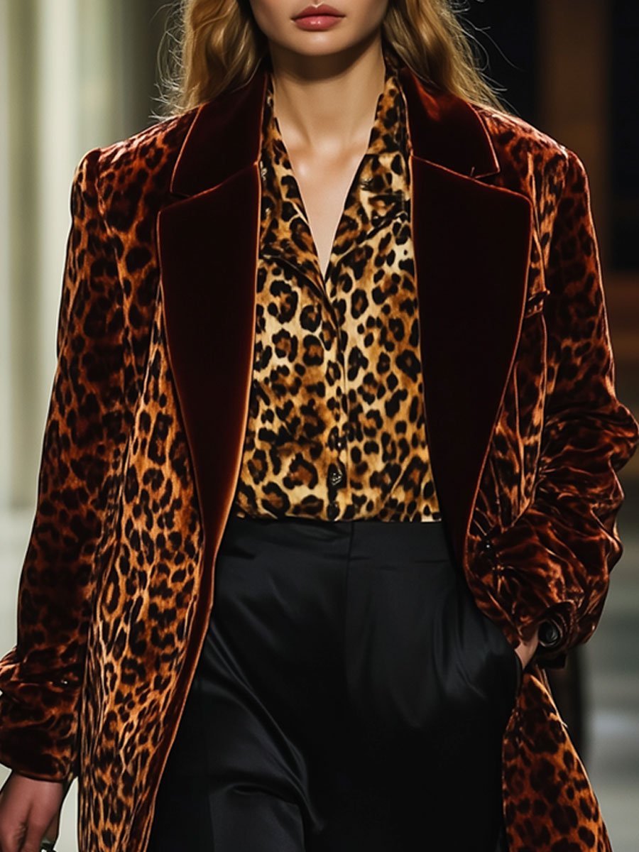 Casual Loose Retro Velvet Leopard Print Colorblock Lapel Suit Coat