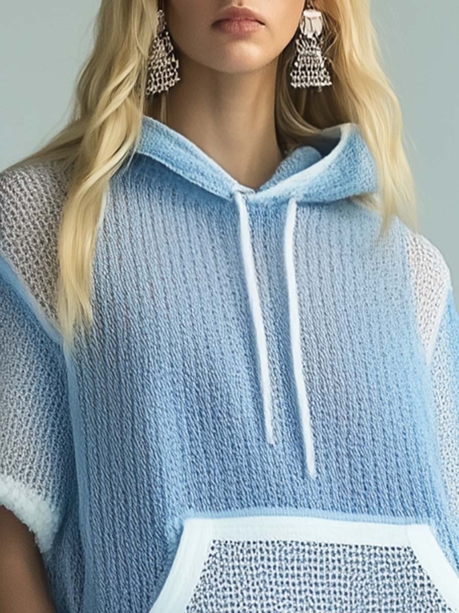 Fashionable Hooded White Trim Light Blue Semi-Transparent Knitted Mesh Sweatshirt