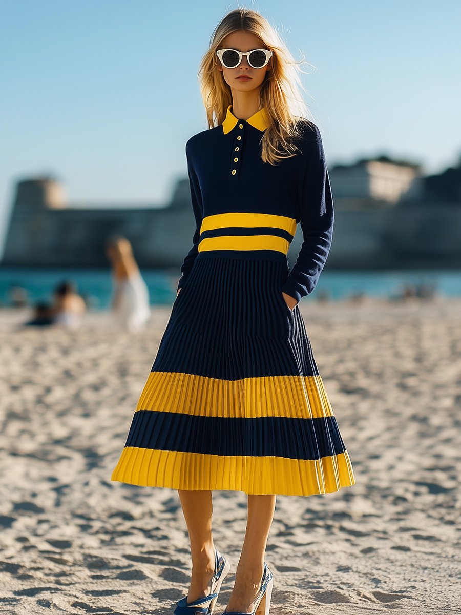 Casual Loose Fashionable Blue And Yellow Striped Polo Midi Dress