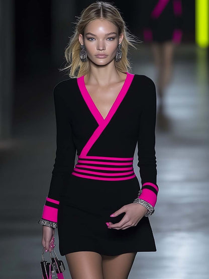 Fashion V-neck Hot Pink Striped Contrast Color Mini Dress