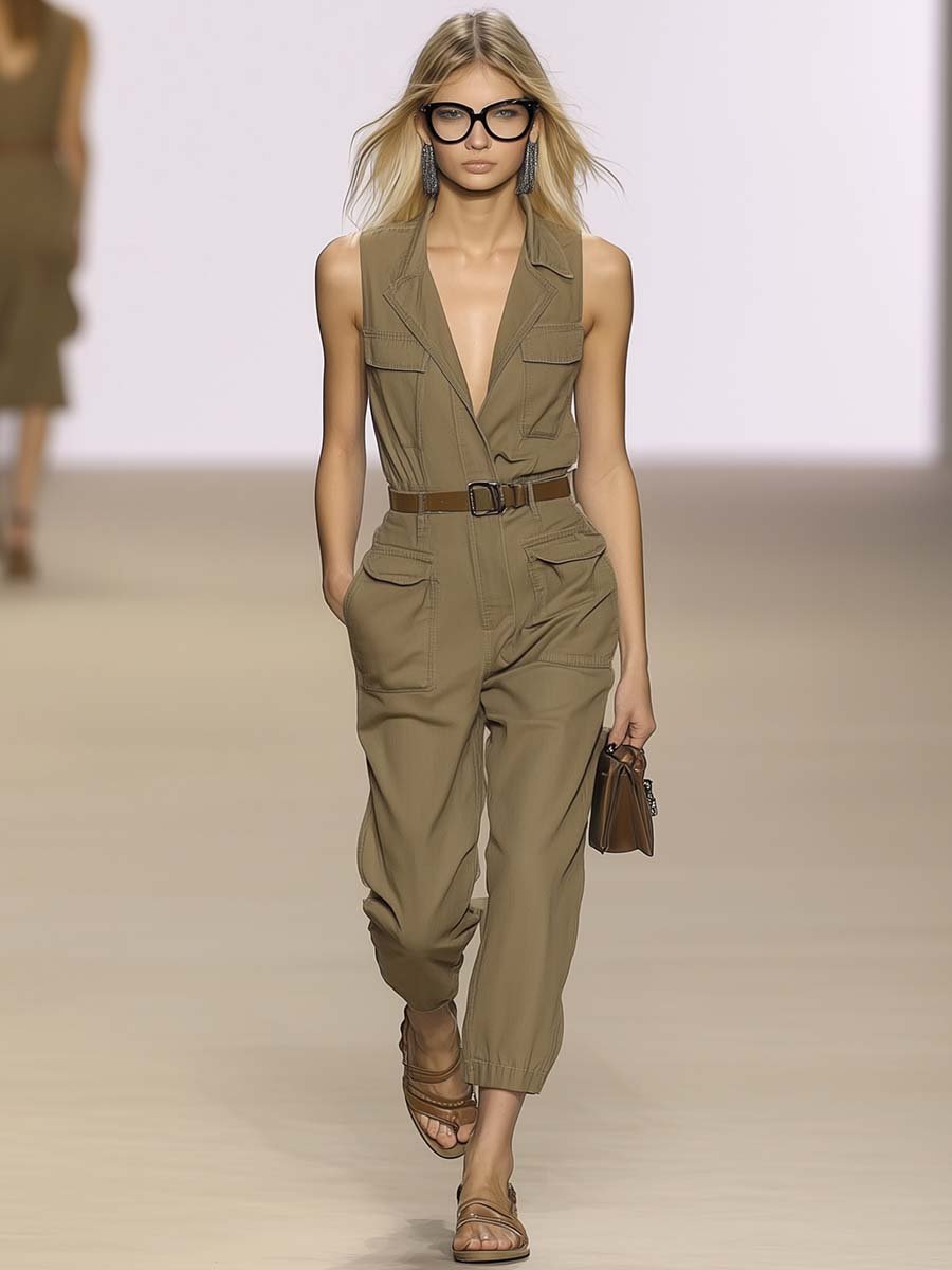 Personalized Fashion V-neck Sleeveless Belt Khaki Overalls Jumpsuit