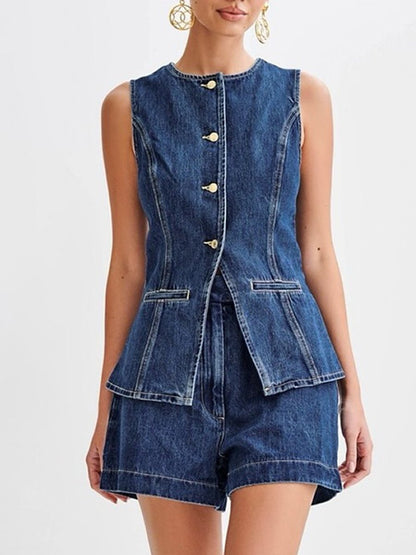 Casual Fashion Sleeveless Vest Shorts Denim Suit