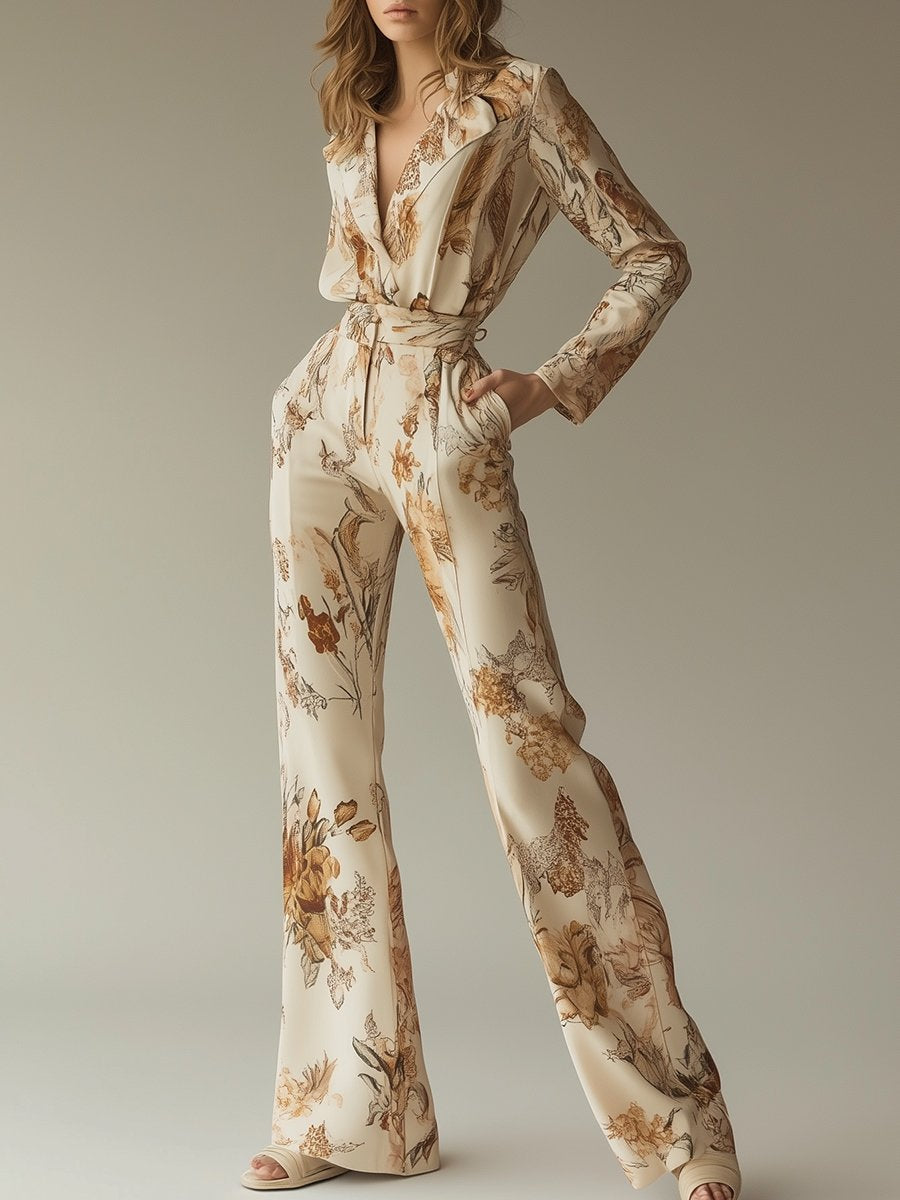 Fashionable Casual Loose Beige Lapel Printed Long-sleeved Jumpsuit