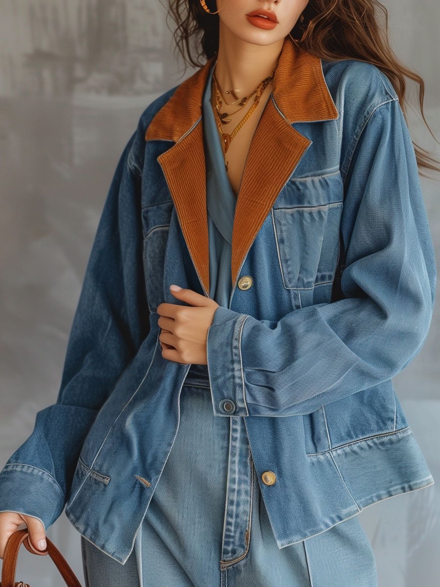 Casual Loose Pocket Vintage Denim Corduroy Patchwork Blazer