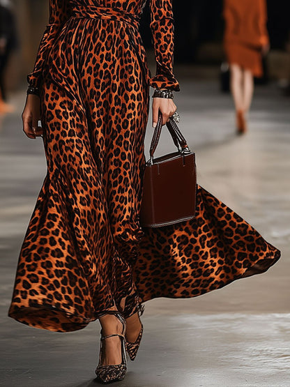 V-Neck Fashionable Party Velvet Leopard Print Long-Sleeved Maxi Dress