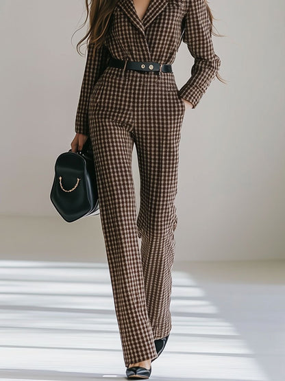 Casual Loose Retro Lapel Woolen Houndstooth Long Sleeve Jumpsuit