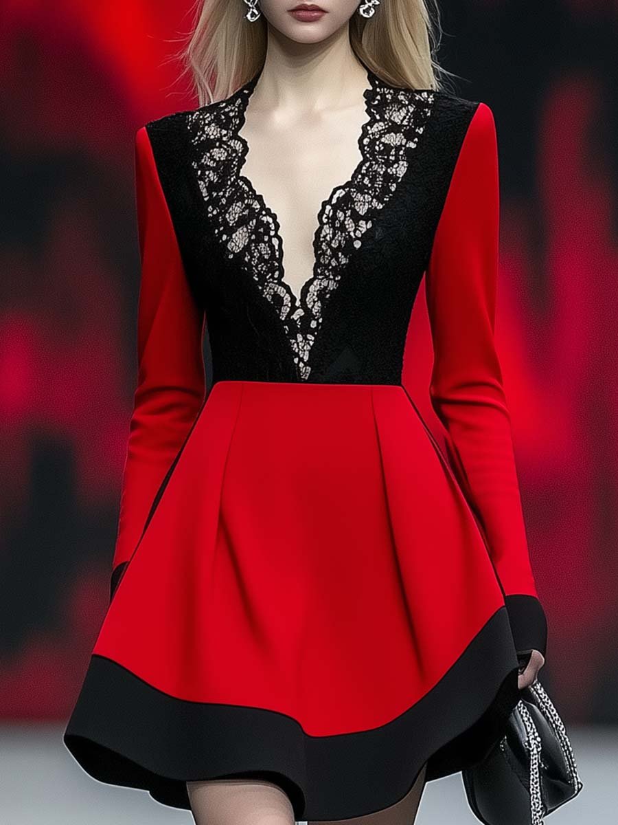 Elegant and Fashionable Lace V-neck Contrast Red Mini Dress