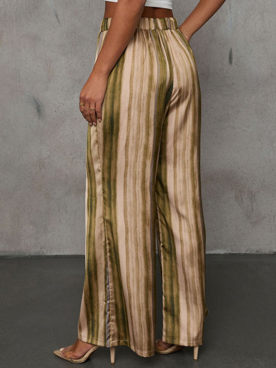 Casual Simple Striped Satin Shirt Wide-Leg Pants Set